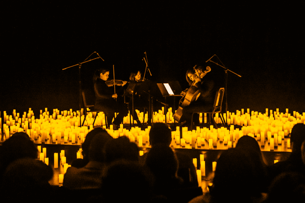 A string quartet performs by candlelight