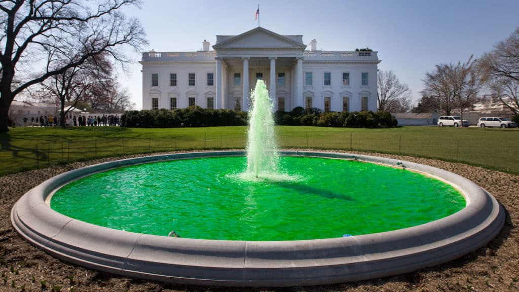 White House St Patrick's Day green fountain