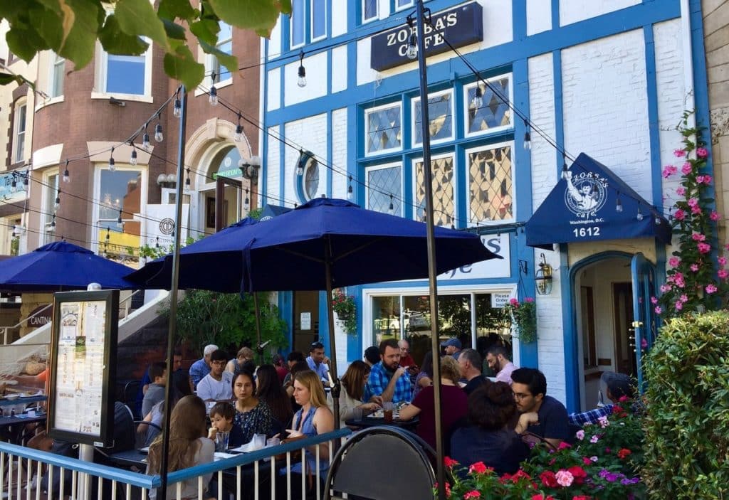 Exterior and patio to Greek restaurant Zorba's Cafe in DC
