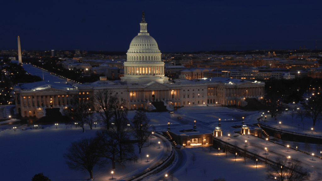 Washington D.C. capital at night with snow